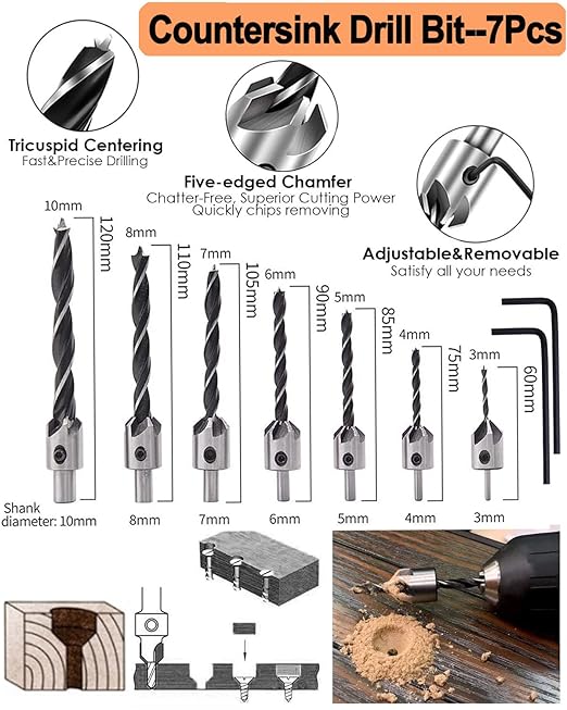 34 Pack Wood Working Chamfer Drilling Tools, 6 Countersink Drill Bit Set, 7 Counter Sinker Drill Bit Set, 8 Plug Cutters for Wood, 8 Drill Stop Bit Collar Set and 3 Step Drill Bits.