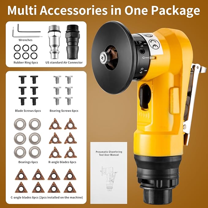 2 in 1 Pneumatic Chamfering Tool- Mini Air Chamfer Tool with Multi-Angle Chamfering Kit,45 Arc Corner Deburring Beveling Chamfer Machine for Metal, Acrylic,Woodworking (Yellow)