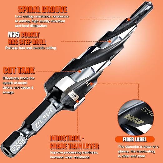 Four Spiral Flute Step Drill Bit for Metal,M35 Cobalt Unibit Step Drill Bit Set 3/16"-1/2"(6 Sizes),Wear-Resistant AlTiN Coated,1/4" Hex Shank for Metal, Stainless Steel, Aluminum, Plastic
