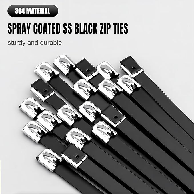 Black Metal Zip Ties, 11.8inch 50pcs 304 Stainless Steel Zip Ties, Uv Resistant Chain Link Fence Ties for Machinery, Exhaust Wrap, Farm, Pipe, Roof, Cable, and Outdoor Fences