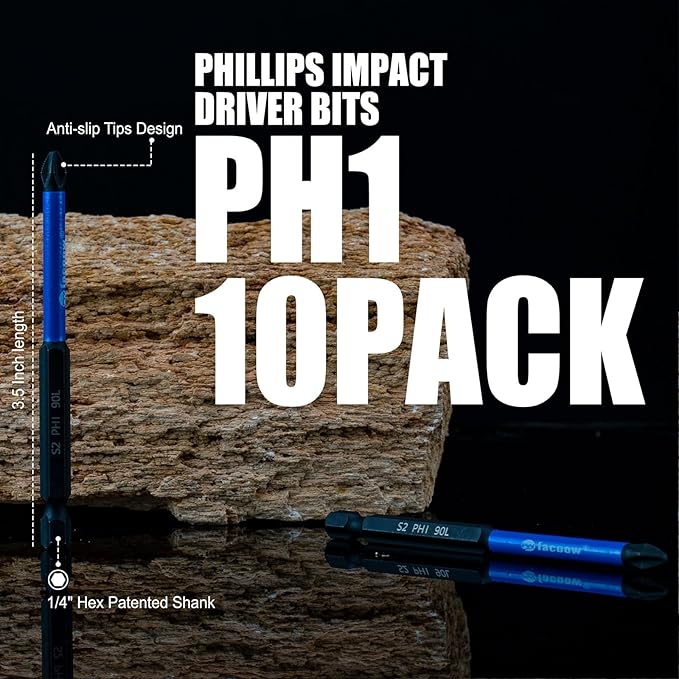 10 Pack Phillips Impact Driver Bits, #1 Phillips Head Magnetic Screwdriver Bits Set, 3.5Inch S2 Alloy Steel Impact Bits, 1/4" Hex Shank Screwdriver Drill Bit, CNC Machined ph1 Impact Drill Bits