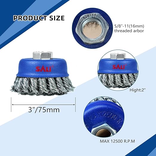 SALI 12 Pack Wire Cup Brush, 3 Inch Twisted Knotted Cup Brush for Grinders, with 5/8-11 Inch Arbor for Heavy Cleaning Rust, Stripping and Abrasive, for Angle Grinder