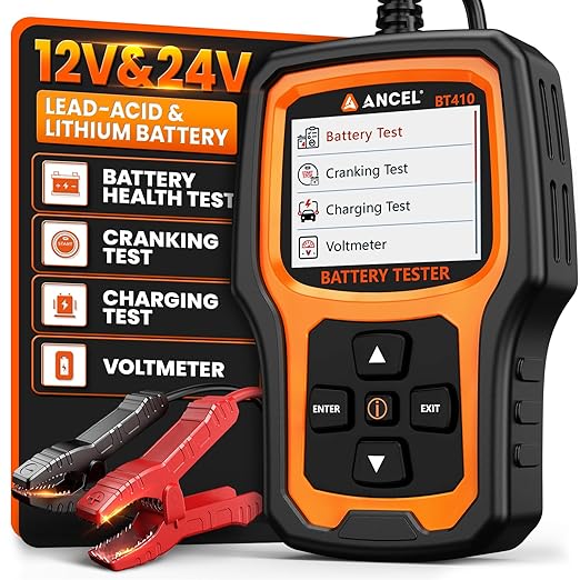 ANCEL BT410 12V Car Battery Tester for Lead-Acid & Lithium Batteries, 100-2000 CCA Automotive Battery Load Tester Health Cranking Charging Test for Car, Truck, SUV, RV, Boat