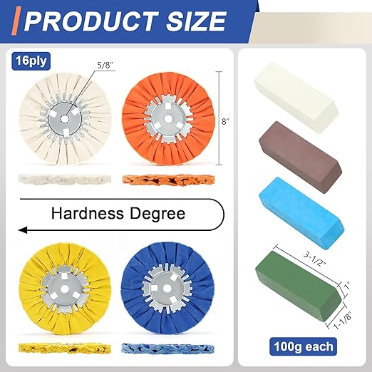 8 Pcs Airway Buffing Wheel Kit 8 Inch Polishing Wheel and Polishing Compound for Angle Grinder 8" in Diameter 5/8" in Arbor Hole Aluminum Metal Buffing Wheels Kit