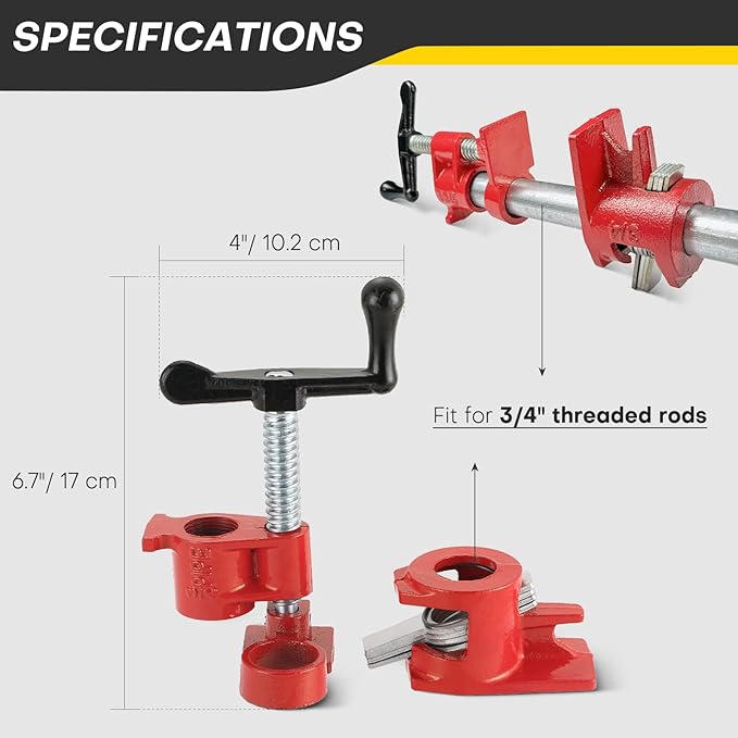 Wood Gluing Pipe Clamp Set | 3/4" Heavy Duty Woodworking Cast Iron Pipe Clamps Quick Release Pipe Wood Clamps (4 Pack, 3/4")