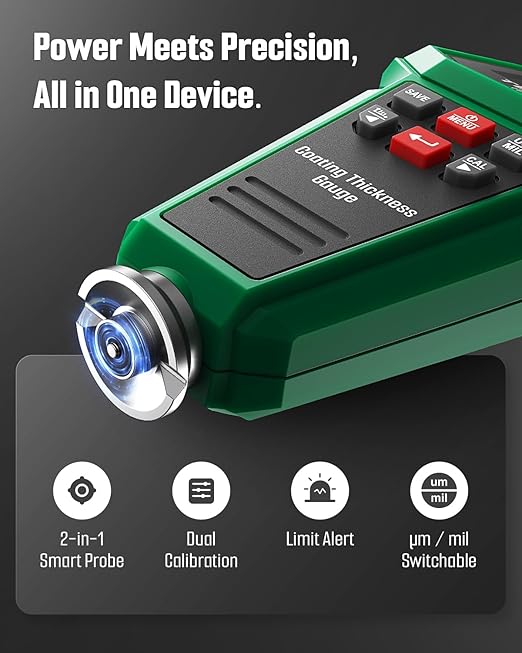 TESMEN TCG-2001 Paint Thickness Gauge for Cars, Digital Paint Meter with Data Bar Graph, 4-Way Backlit Color Screen, Car Paint Mil Thickness Tester with Limit Alarm for Used Car Buyers - Green