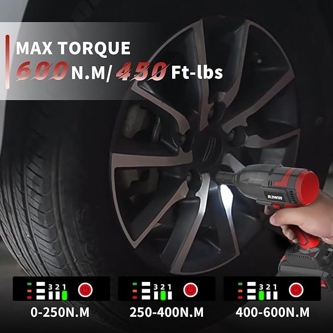 NAWIN Cordless Impact Wrench, 1/2 Impact Gun,450 ft-lbs (600N.m),Brushless Motor, 2×4.0Ah Battery,Electric Impact Wrench for Car Home,Sockets Kit, Fast Charger