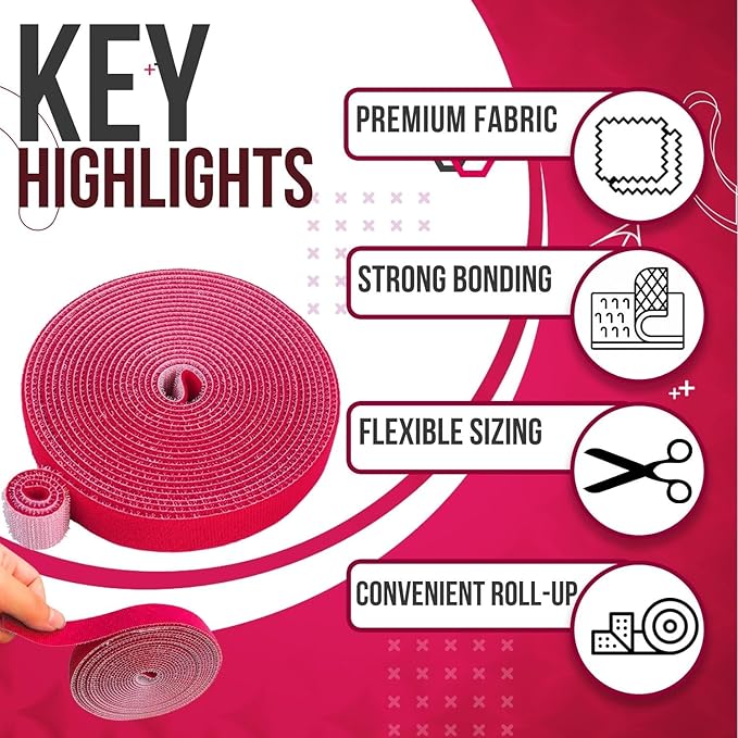 TNP Hook and Loop Tape Strap Cable Ties Fastener (Red) (15 Feet) - Sticky Self Adhesive Nylon Fabric Roll Wrap 0.75" Wide 5 Yards Reusable for Cutting Custom Length Cord Wire Fastening