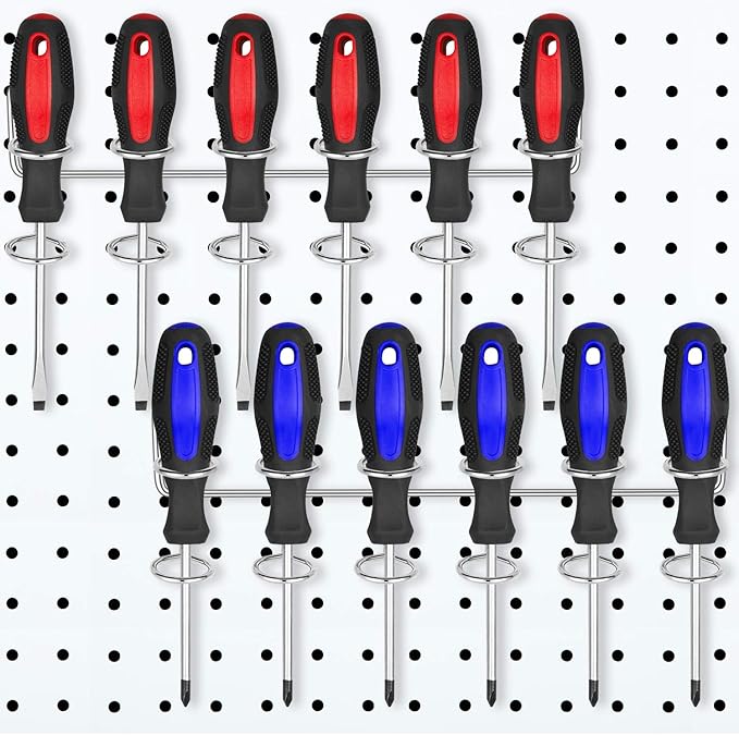 Hotop 2 Pieces Pegboard Screwdriver Holder Peg Board Tool Utility Hooks Pegboard Accessories Six-Tool Organizer Racks Accessory Multi-Ring Holder for Pliers(Silver)