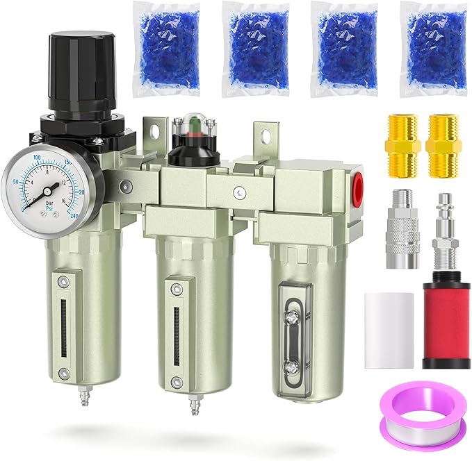 Industrial Grade 3-Stage Air Drying System, 1/2" NPT with Manual Drain, Desiccant Dryer, Air Regulator, Particulate Filter and Coalescing Filter for Paint Spray, Plasma Cutter