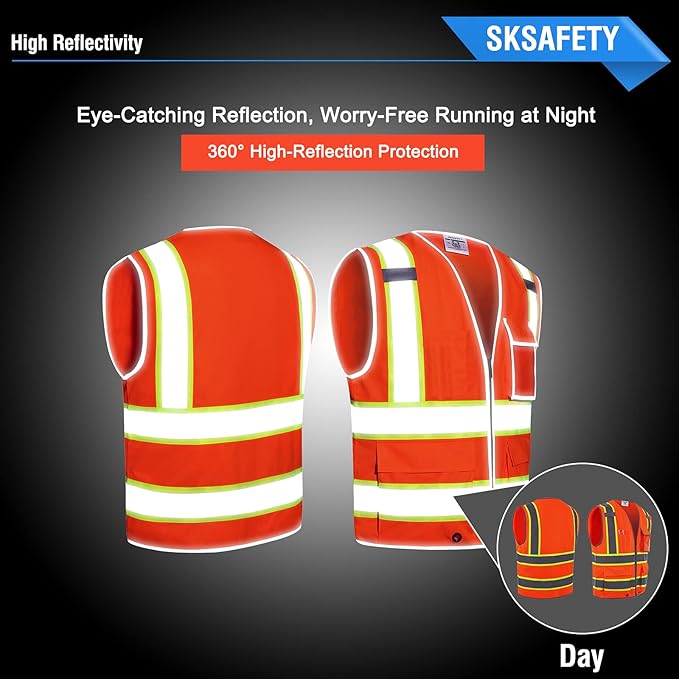 SKSAFETY 10 Pockets Safety Vest, Class 2 High Visibility Security with Zipper, Hi Vis Vest with Reflective Strips, ANSI/ISEA Standard, Construction Work Vest for Men ＆ Women （Orange, 4XL）