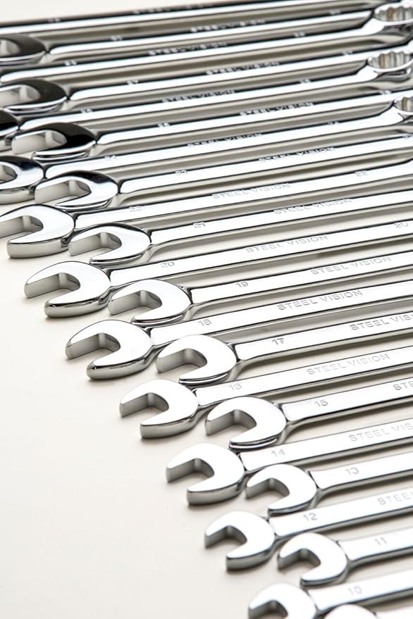 SteelVision 23pc (8mm~32MM) Top Tier Quality Combination Wrench Set, 12 Point. Long Pattern, Metric -Premium Heavy Duty CR-V Steel - Mirror Polishing Anti Rust Finish - Organizer Bag (23 pc)