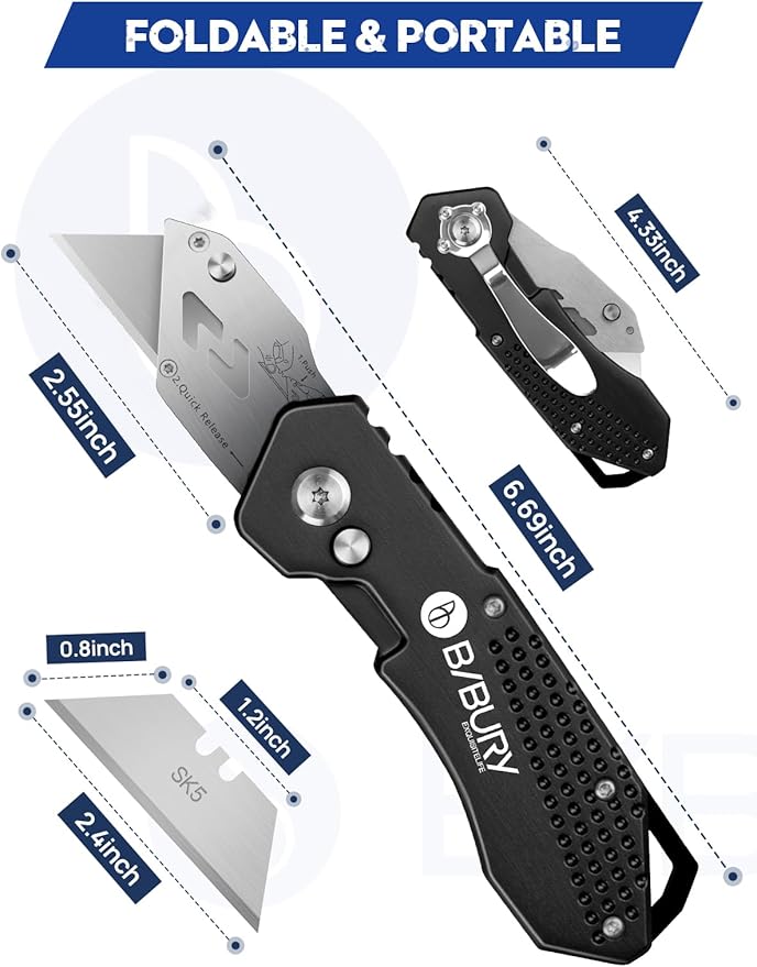 Utility Knife, BIBURY Upgraded Version Heavy Duty Box Cutter, Pocket Carpet knife with 10 Replaceable SK5 Stainless Steel Blades, Belt Clip, Easy Release Button, Quick Change and Safety Lock-Black