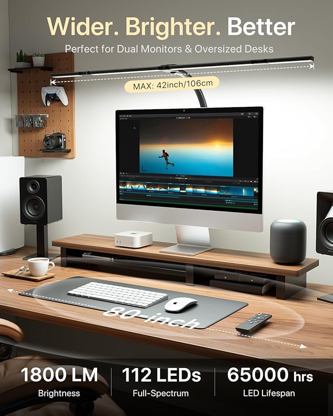 42" LED Desk Lamp for Home Office, Eye-Caring Desk Light with Adjustable 4-Segment Bar, 1800LM Bright, Remote, Architect Table Lamp with Base for Dual Monitors, Reading, Study, Workbench(Black)