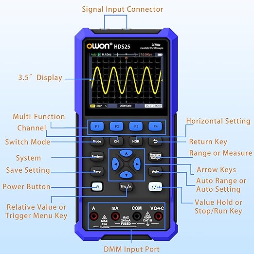 HDS25 OWON Oscilloscope Multimeter 25MHz Bandwidth Dual Channel Handheld Oscilloscope with 250 MSa/s Sample Rate Digital Multimeter Tester