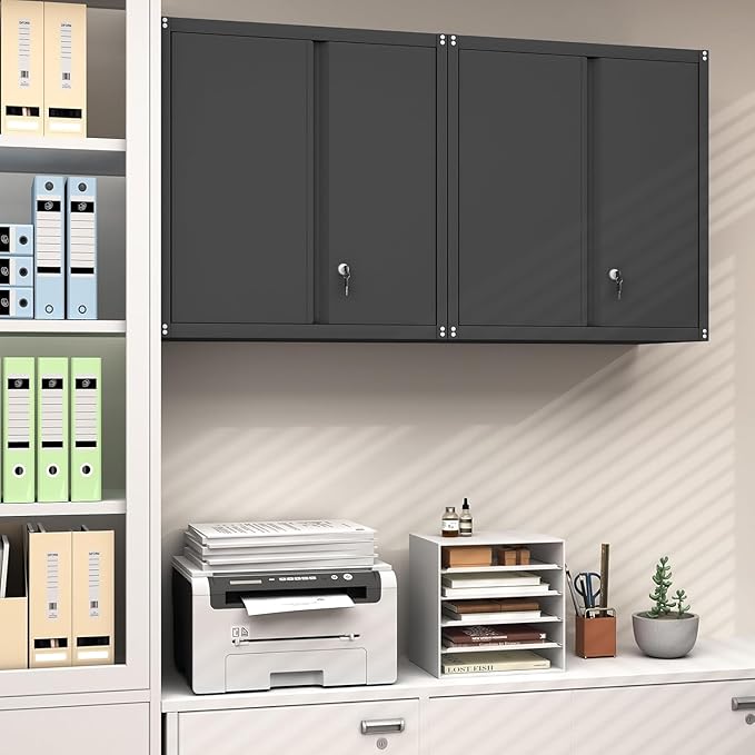 GREATMEET Metal Garage Storage Cabinet with Lock, Metal Wall Cabinets for Garage, Wall Mount Cabinet, Upper Cabinets Wall Mounted, Utility Cabinet with Adjustable Shelf, Black