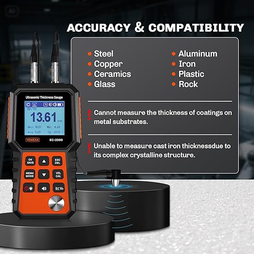 EC-2000 Ultrasonic Thickness Gauge for Steel, Metals, Plastic, Glass, PVC, 0.04–15.7in (1–400mm) Range, Backlit LCD, Adjustable Sound Velocity, Data Storage, Industrial Measuring Instrument
