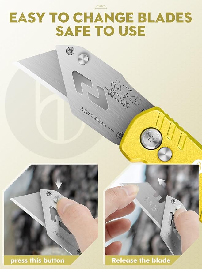 Utility Knife, BIBURY Upgraded Version Heavy Duty Box Cutter, Pocket Carpet knife with 10 Replaceable SK5 Stainless Steel Blades, Belt Clip, Easy Release Button, Quick Change and Safety Lock-Yellow