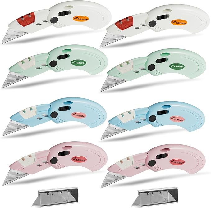 8 Pcs Folding Box Cutters, Lightweight Utility Knives Quick Change Blade with 20-piece Extra Blades For Cartons, Cardboard and Boxes