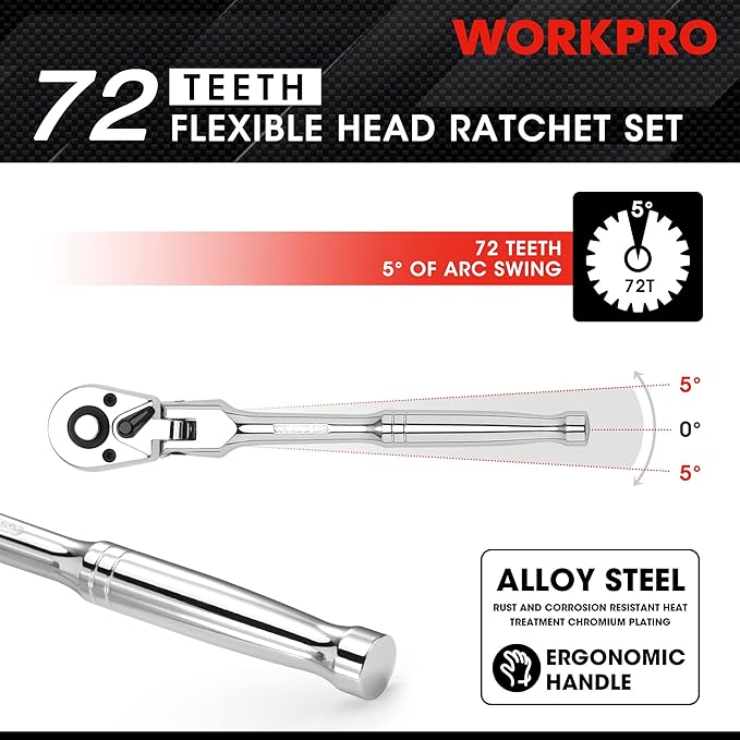 WORKPRO 2-Piece Flex Head Ratchet Set, 1/4", 3/8" Drive, 72-Tooth Ratchet with Chromium Plating Quick Release Reversible Design, 5 Degree Swing