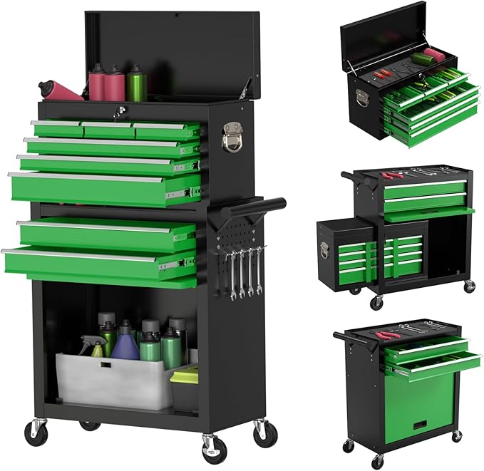 8-Drawer High Capacity Rolling Tool Chest with Wheels, Big Tool Storage Removable Tool Box Combo, Tool Storage Cabinet with Lockable Drawers, Toolbox for Workshop (Black&Green)
