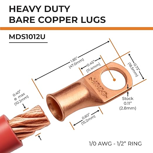 SELTERM 10pcs 1/0 AWG - 1/2" Stud - Battery Lugs, Heavy Duty Wire Lugs, Ring Terminals, Battery Cable Ends,0 Gauge Terminals, UL Bare Copper Eyelets Electrical Battery Terminal Connectors