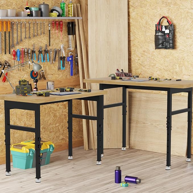 60'' Adjustable Workbench Table, Metal Tool Bench Work Bench for Garage, Large Load Capacity Workshop Table for Office,Workshop,Home, Easy Assembly