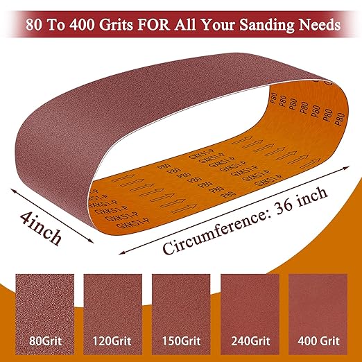 55PCS 4 x 36 Inch Alumina Sanding Belts (80/120/150/240/400 Grits) with 6 Grits 6-Inch Self Stick No Hole Sanding Disc for Aluminum Oxide Sanders, Sandpaper for Wood Metal Stainless Steel