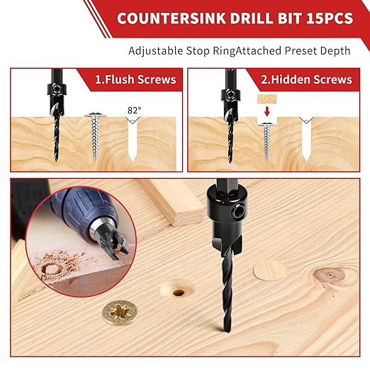 Countersink Drill Bits, 15 PCS Adjustable Tapered HSS Drill Bit Set for Woodworking, with Nitrided Surface, Wood Plug Cutters 1/4" Hex Shank Quick Change, for Wood Drilling with Storage Box