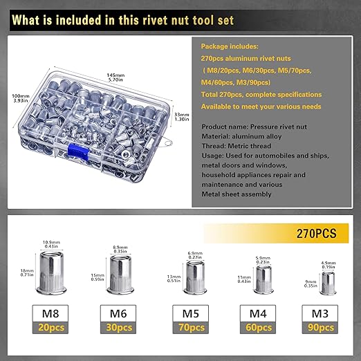 Rivet Nut Assortment Kit, 270 PCS Recessed Rivet Nuts, Rivet Nut Sorting Tool, (M8 M6 M5 M4 M3) for Automotive, Home Decor and Industrial Products
