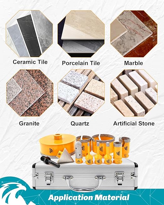 Tile Hole Saw Kit 11pcs - Diamond Core Drill Bits Set (6/8/10/25/35/50/75/125mm) & Adapter for Tile Marble Granite with 4/5" Diamond Finger Bit and 2" Chamfer Bit Trimming Holes