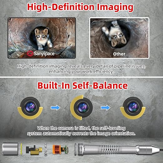 Sanyipace Self-Leveling Sewer Camera 165FT, Drain Plumbing Camera with 512Hz Pipe Locator, Feet Meter Counter, for Plumbers Homeowner Home Inspectors Construction Maintenance Worker