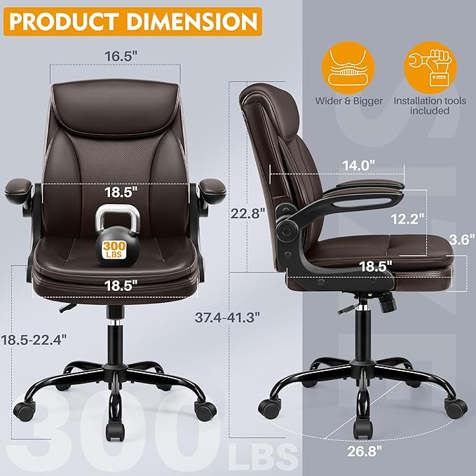 Office Chair Ergonomic Desk Chair - Premium Leather Executive Office Chairs with Lumbar Support Flip Up Armrests, Home Office Desk Chairs Computer Chair with Rocking Function Adjustable Height