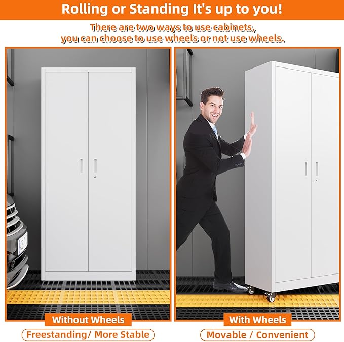 73 Inches Metal Storage Cabinet on Wheels,Garage Storage Cabinet with Wheels and 4 Adjustable Shelves,Rolling Cabinets for Garage,Office,Warehouse,Assemble Required(White)