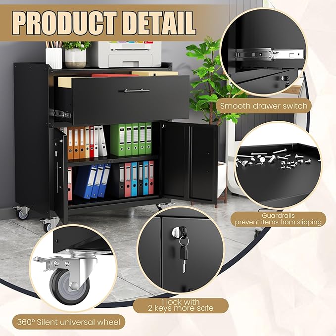 Metal Storage Cabinet, Locking Storage Cabinet with Drawer and Adjustable Shelf, Rolling Tool Cabinets for Garage, Office, Black, Assembly Required (18.4" D x 30.3" W x 35.4" H)