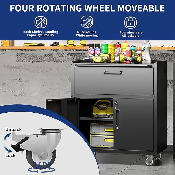 Metal Garage Storage Cabinet with Wheels,Locking Rolling Tool Cabinet with Drawers and Shelves for Home, Office, Garage & Workshop