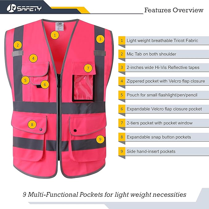 JKSafety 9 Pockets Class 2 High Visibility Zipper Front Safety Vest With Reflective Strips, Meets ANSI/ISEA Standards (X-Large, 150-Pink)