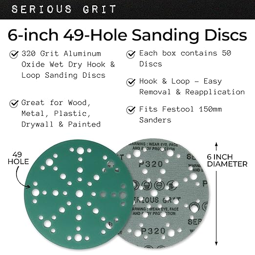 6-Inch 49-Hole 320 Grit Sanding Discs - Heavy-Duty Hook & Loop Film Discs - Sandpaper for Random Orbital Sanders - 50 Pack Box