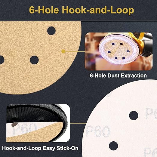 80 PCS 6 Inch 6 Hole Sanding Discs 60 Grit Hook and Loop Adhesive Round Sandpaper for Random Orbital Sander