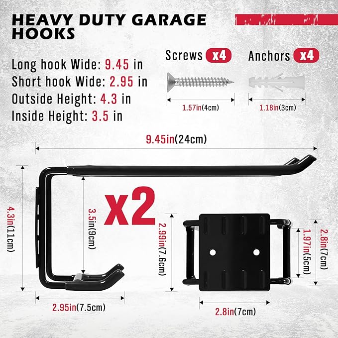 2-Piece 9.4" Heavy Duty Garage Hooks, Sturdy Utility Hooks Holds 55 LB Wall Mount Garden Tool Organizer Hangers for Hanging Shovel Ladder Chairs Strollers Power Tool Tire and More (Black)