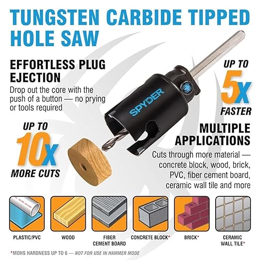 Spyder 14-Piece Carbide Tipped Deep Cut Hole Saw Kit, 11 Hole Saws, 1 Arbor, and 2 Pilot Bits, Rapid Core Eject Arbor System