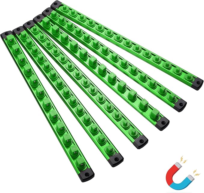 ALOANES Magnetic Socket Organizer Set, 6-Piece Heavy Duty Aluminum Socket Holder Socket Rail Organizer for Tool Box, 360° Swivel Clips Socket Rack 1/4, 3/8, 1/2-Inch x 80 Clips (Green)