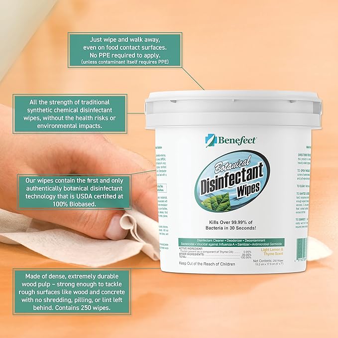 Benefect Botanical Disinfecting Wipes - (250 Wipe Count) Natural, No Residue - Antibacterial Disinfectant, Multi-Surface Cleaning and Sanitizing Wipes