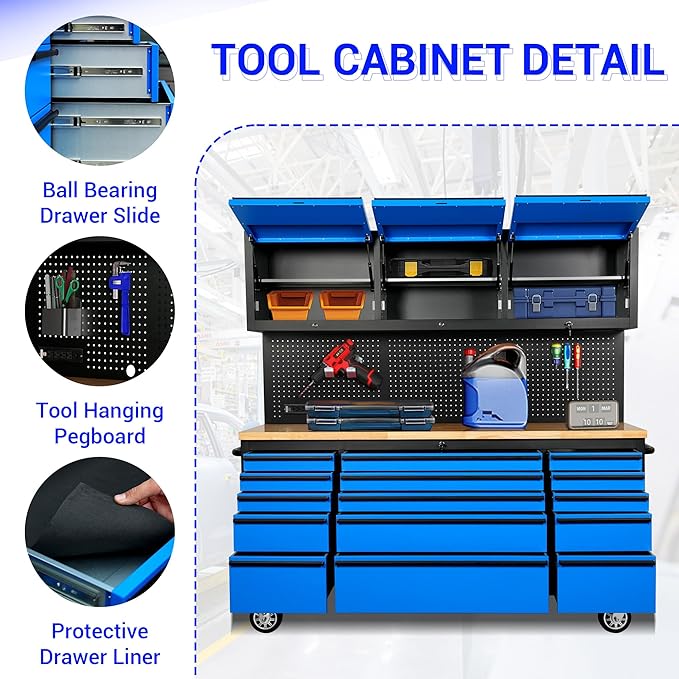 CT Copper Tailor 72-inch Rolling Tool Chest with Integrated Power Strip,15 Drawers and Wheels, Garage Workbench with Storage, 3 Upper Cabinets, Pegboard in Blue