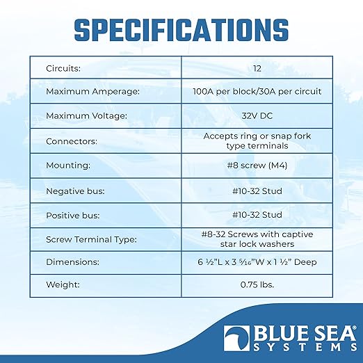 Blue Sea Systems 5026 ST Blade Fuse Block 12 Circuit with Ground and Cover, 100 Amps
