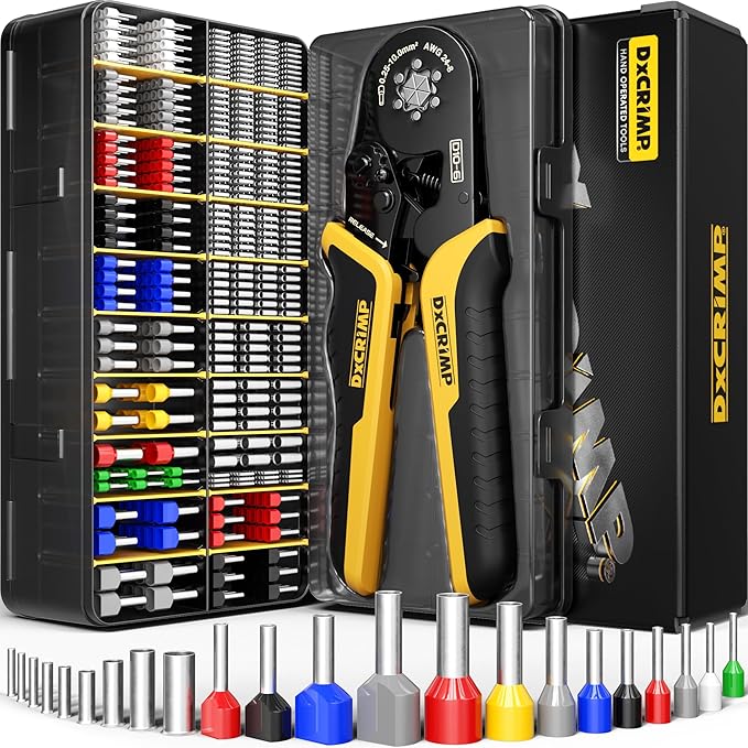 Ferrule Crimping Tool Kit, Ratchet Pliers for 24-10 AWG with 22 Types Insulated, Non-Insulated and Two Wire Ferrules, Wire Ferrules Kit, Hexagon Ferrule Crimper set, Electrician tool