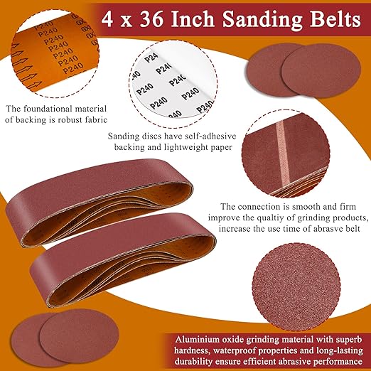 33PCS 4 x 36 Inch Alumina Sanding Belts (80/120/150/240/400 Grits) with 6 Grits 6-Inch Self Stick No Hole Sanding Disc for Aluminum Oxide Sanders, Sandpaper for Wood Metal Stainless Steel