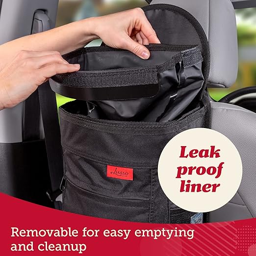 Lusso Gear Spill-Proof Car Trash Can - 2.5 gal Black Oxford - Leakproof & Waterproof Hanging Car Trash Bin - Organization Accessories with Removable Liner & Mesh Pockets - Boat Garbage Can