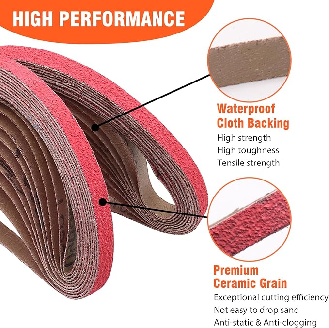 1/2 X 18 Inch Sanding Belts 80 Grit, 1/2x18 Inch Ceramic Sanding Belt for Belt Sander, Metal Finishing, Rust Removal, Woodworking, 20 Pcs