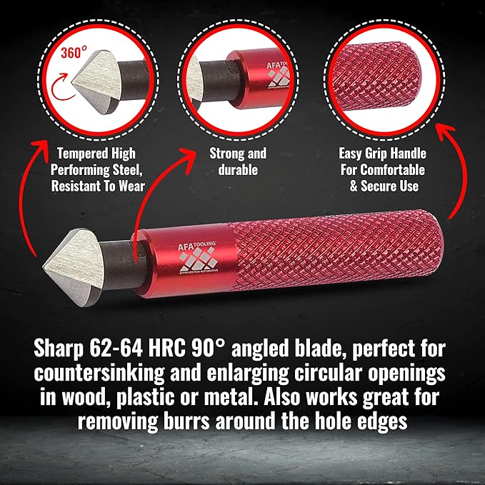 AFA Tooling - Countersink Deburring Hand Reamer with Hard HRC64 HSS Steel Head - Deburring Tool Works on Metal, Copper, PVC, Pipes & More - Machinist Tool with Steel Ergonomic Knerled Handle